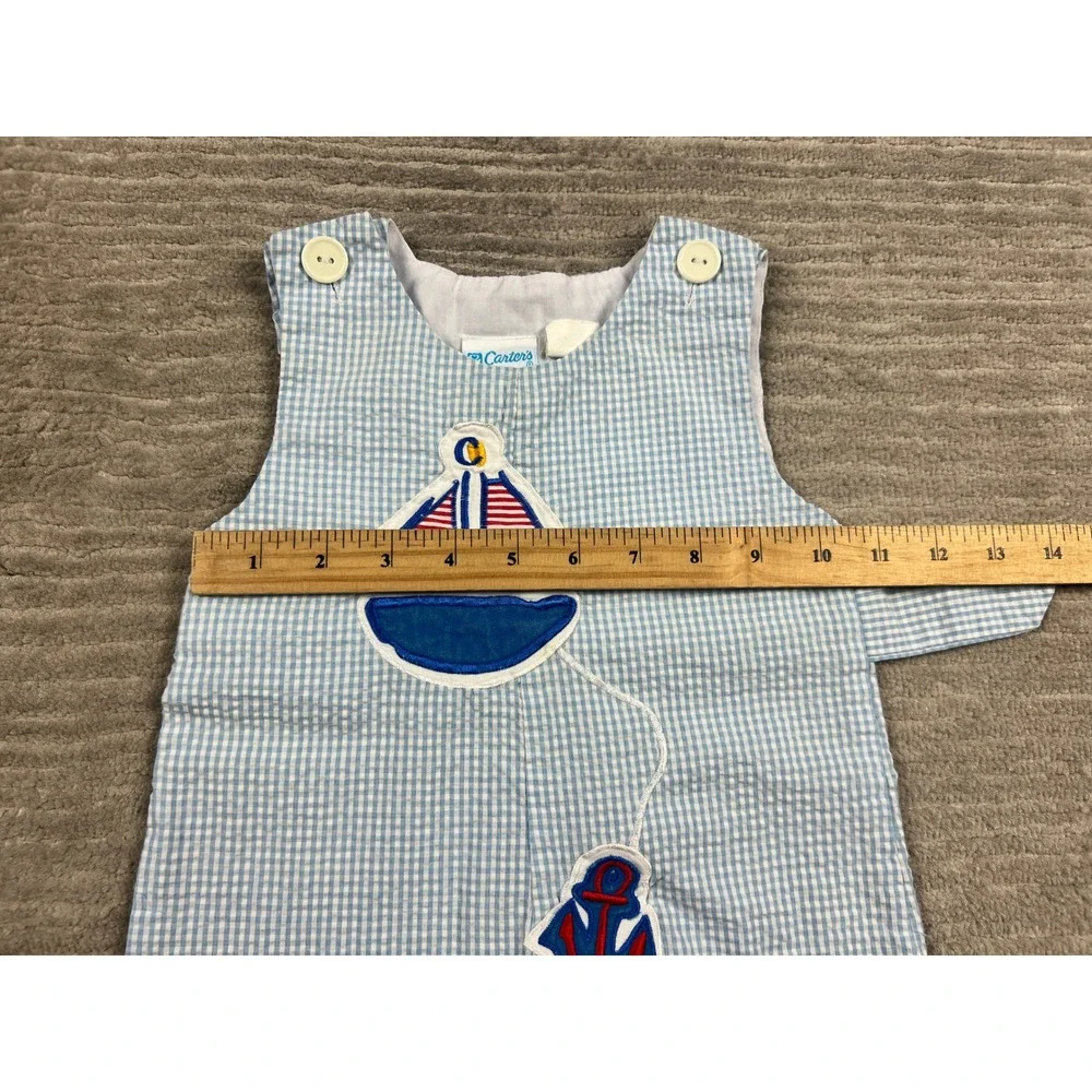 Carter's Romper Boys 6/9M Blue Gingham‎ Nautical Sailboat Seersucker One Piece